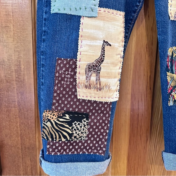 Levi’s 505 strght leg 14 S patchwork, hand, stitched jeans, safari jungle design - Picture 5 of 11